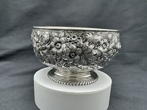 Antique Gorham Sterling Silver Repousse Floral Bowl Footed 5 3 8 380 Grams