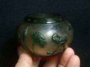 3 2 Old China Qianlong Marked Glaze Hand Carving Crane Lotus Flower Wash Bowl