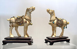 Two Antique Hand Carved Horses Cattle Bone Gold Saddles Museum Quality