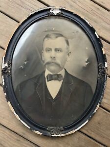 Large Antique Victorian Ornate Glass Picture Photo Painting Of Man Framed