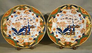 Rare Pair Early Regency Spode English Imari Hand Painted 8 1 4 Plates C 1804