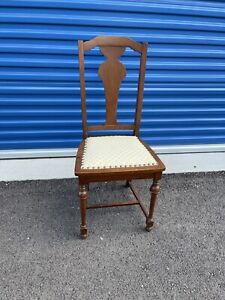 Antique Farmhouse Wood Dining Chair Slat T Back Oak Upholstered Very Good Cons