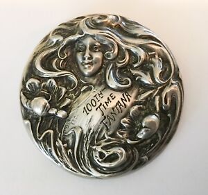 Antique Art Nouveau Sterling Small Pocket Mirror Ladies Head Flowing Hair