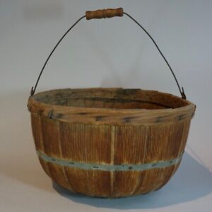 Vintage Primitive Farm Apple Gathering Basket Oak Bentwood Metal Wire Handle
