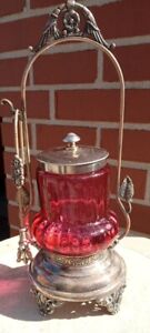 Antique Cranberry Pickle Castor Silver Plate With Tongs
