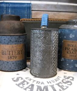 Primitive Antique Tin Cylinder Round Grater 1890s Blue Calico Wrapped Handle