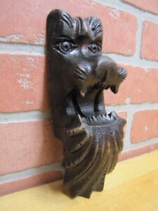 Antique Carved Wooden Monster Beast Face Head Snarling Teeth Decortive Element