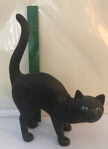 Antique Cast Iron Doorstop Unmarked Hubley Era Black Cat Green Eyes Arched Back