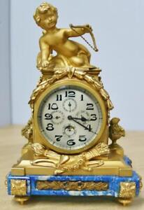 Antique Swiss 8 Day Bronze Lapis Lazuli Combination Calendar Moon Mantle Clock