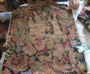 Antique Handmade French Tapestry Fragment 30 X26 Pictorial Needlepoint