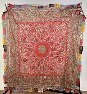 Antique Late 1800 S Wool Paisley Hand Embroidered Fine Kashmir Tapestry Textile