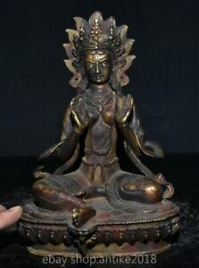 8 Old Tibet Buddhism Bronze Gilt Green Tara Goddess Buddha Lotus Statue