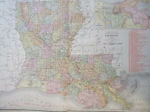 Louisiana State 1914 Large Detailed Color Map Rr Lines Overprinted