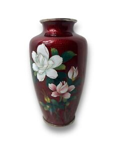Antique Japanese Sato Cloisonne Pigeon Blood Rose Vase Signed