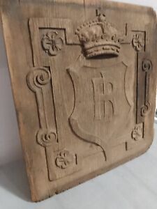 Antique Carved Wood Panel Royal Crown Armorial