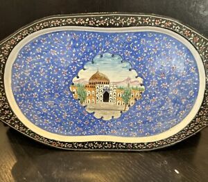 Vintage Middle Eastern Hand Painted Enamel On Metal Dish Tray With Temple 12x7 5
