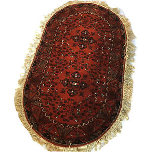 Vintage Wool Rug Oval Red With Fringe Traditional 55x31 Bokhara Boho Classic
