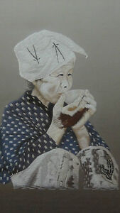 Antique Chinese Silk Embroidery Portrait Of Old Woman With Tea Cup Signed
