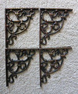 4 Cast Iron Shelf Wall Brackets Celtic Type Design Painted Accent Colors Heavy