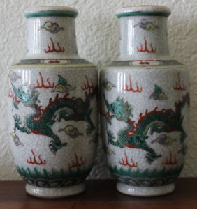 Pair Of Old Antique Chinese Crackle Glaze Painted Dragons Porcelain Vases