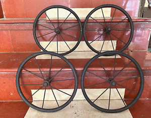 Rare Old Vintage 4 Iron Spoke Victorian Buggy Wheels Carriage Solid Rubber Tyres