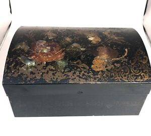 Antique Tin Box Abalone Floral Leaf Hand Painted Design Asian