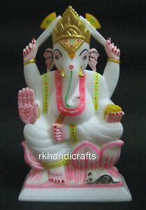 11 Inches Elegant Look White Marble Lord Ganesh Ji Murti Handmade Bappa Statue