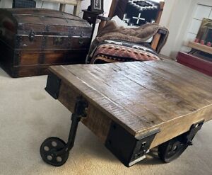 Vintage Industrial Factory Warehouse Dolly Railroad Cart Coffee Table Wood Look