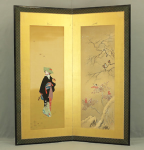 Byobu Folding Screen Room Divider 2 Panels Sparrows And Kimono Beautiful Woman 