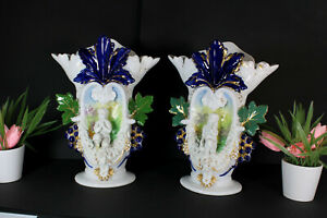 Antique Pair Vieux Paris Porcelain Boy Girl Figural Floral Vases 1900s