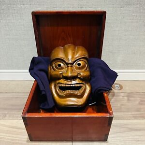 Netsuke Wood Carving Onigawara Mask Demon Antique Japan W Box