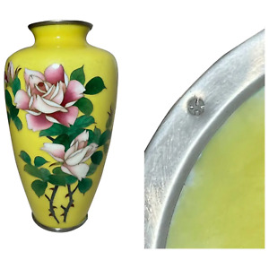 Antique Signed Japanese Ando Handmade Yellow Enamel Silver Floral Cloisonn Vase