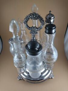 Vintage Silver Plated Castor Condiment Set With Holder 7 Pieces