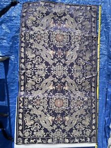 Antique Chinese Zodiac Blue Silk Tablecloth Textile Year Of The Animal Trimmed