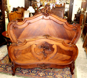 French Antique Carved Walnut Louis Xv Full Size Bed W Rails