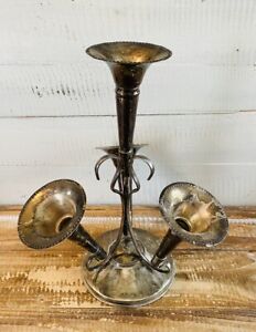 Antique Vintage Victorian Epergne Silverplate Vase With 4 Trumpets 12 Tall