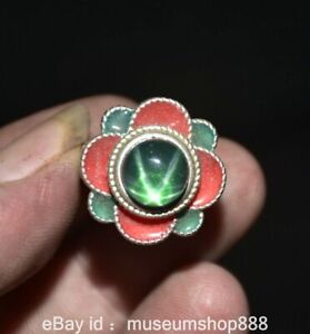1 2 Old China Miao Silver Cloisonne Green Prism Stone Flower Finger Ring A35
