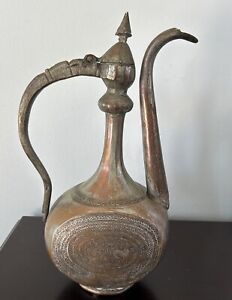 Antique Persian Ewer Pitcher Tinned Copper Engraved 18th Or 19th Century Persia