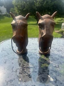  Pair 2 Vintage Cast Iron Horse Head Hitching Post Toppers Large