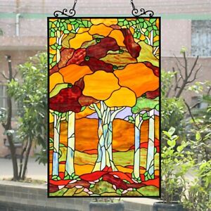32 Autumns Grove Tiffany Style Stained Glass Window Panel W Chain