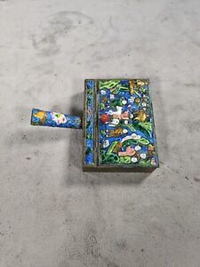 Antique Cloisonne Chinoserie Enameled Brass Chinese Handled Silk Iron Box W Lid