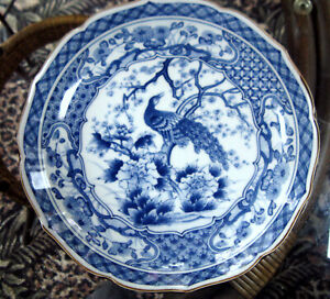 3 Vintage Imari Arita Blue White Porcelain Plates Deep Dish Peacock Design 10 