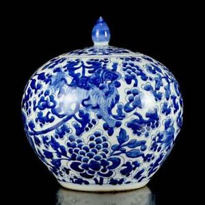 Old Rare Chinese Kangxi Marked Blue And White Lid Jar Dg139 