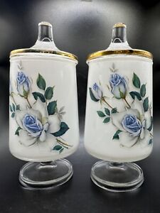 2 West Virginia Glass White Frosted Apothecary Jars W Lids Blue Roses 6 5 