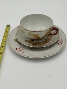 Vintage Japanese Portrait Cup Saucer Underplate Dragons Hand Painted Japan