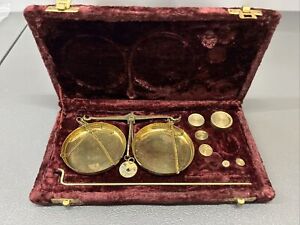 Vintage Jewelers Pocket Brass Hanging Scale Balance Weights Purple Velvet Box
