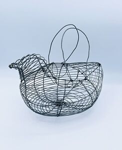 Vintage Primitive Wire Woven Chicken Egg Gathering Basket 12 Long