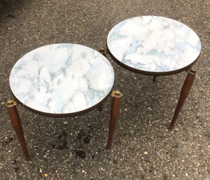 Pair Mid Century Modern Stacking Nesting Wood Tables Laminate Marble Tops 15 