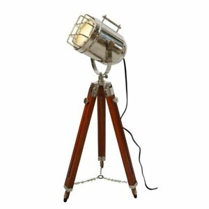 Floor Lamp Nautical Searchlight Spotlight Wooden Tripod Stand Decor Sts09