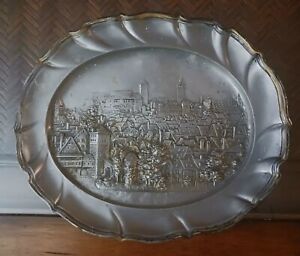 8 Inch By 12 Inch Antique German Pewter Wall Plate With A Picture Of Nuremberg